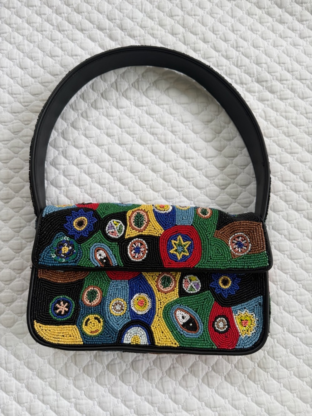 STAUD Multicolor Beaded Shoulder Bag with Black Strap